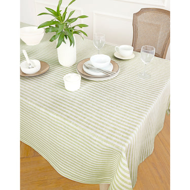 Sage & White | Amalfi Stripe Sage & White Tablecloth Textured Linen Tablecloth Styled With Dinnerware And Candles