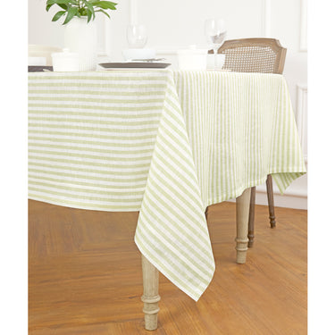 Sage & White | Amalfi Stripe Sage & White Tablecloth Neutral Linen Tablecloth With Farmhouse Table Décor