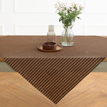 Pumpkin & Black | Amalfi Stripe Pumpkin & Black Linen Table Throw Displayed Flat Table For Product View
