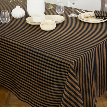Brown Sugar & Black | Amalfi Stripe Brown Sugar & Black Tablecloth Elegant Dining Setup Featuring A Soft Linen Tablecloth