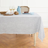 Grey & White | Amalfi Stripe Grey & White Linen Tablecloth Displayed Flat For Product View