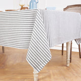 Grey & White | Amalfi Stripe Grey & White Tablecloth Textured Linen Tablecloth Styled With Dinnerware And Candles