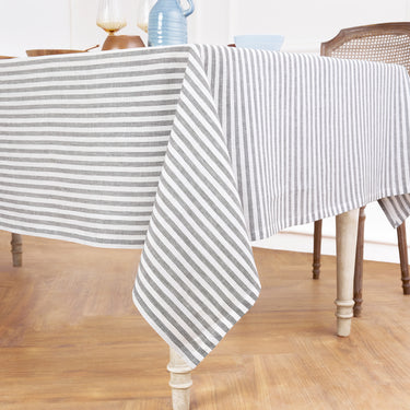 Grey & White | Amalfi Stripe Grey & White Tablecloth Textured Linen Tablecloth Styled With Dinnerware And Candles