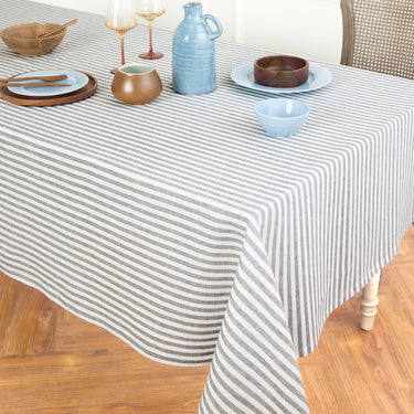 Grey & White | Amalfi Stripe Grey & White Tablecloth Neutral Linen Tablecloth With Farmhouse Table Décor