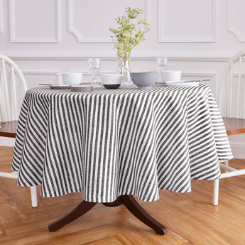 Black & White | Amalfi Stripe Black & White Round Linen Tablecloth Displayed Round Table  For Product View