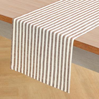 Brown & Cream | Solino Home Amalfi Stripe Brown & Cream Elegant Dining Setup With Textured Linen Table Runner