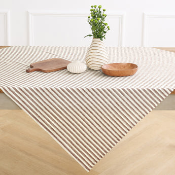 Brown & Cream | Amalfi Stripe Brown & Cream Linen Table Throw Displayed Flat Table For Product View