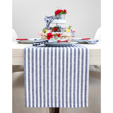Navy & White | Solino Home Amalfi Stripe Navy & White Linen Table Runner Displayed Flat For Product View