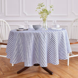Navy & White | Amalfi Stripe Navy & White Round Linen Tablecloth Displayed Round Table  For Product View