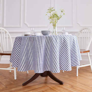 Navy & White | Amalfi Stripe Navy & White Soft Linen Round Tablecloth For Everyday Table Setting