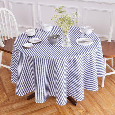 Navy & White | Amalfi Stripe Navy & White Round Linen Tablecloth With Modern Dining Decor