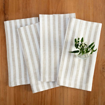 Natural & White | Amalfi Stripe Natural & White Linen Dinner Napkins Folded For Product Display