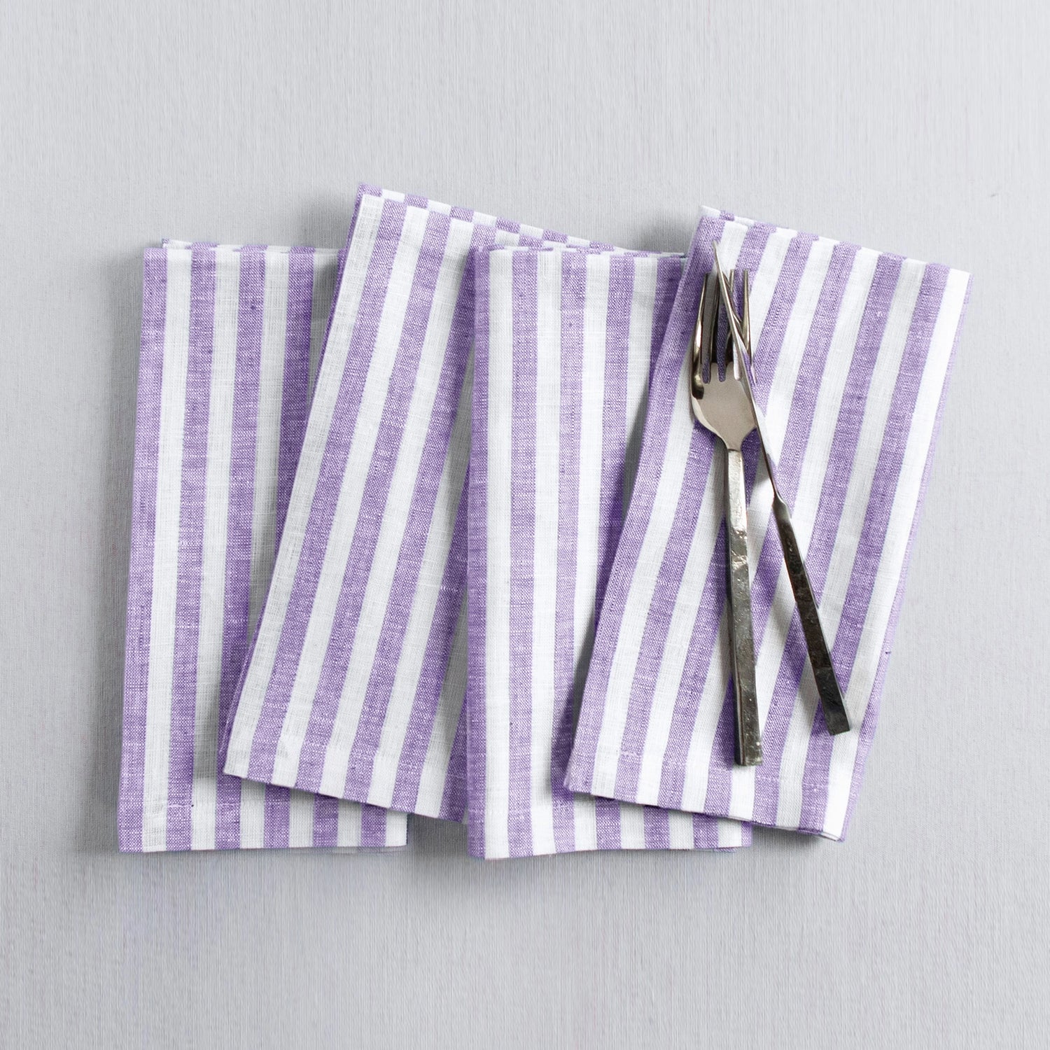 Amalfi Stripe Violet & White Linen Dinner Napkins Folded For Product Display