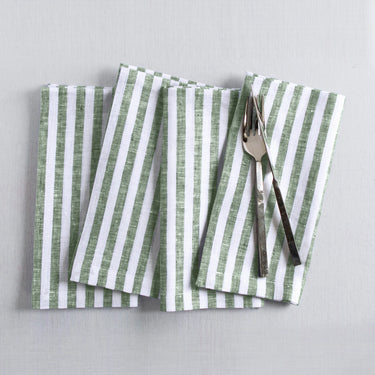 Green & White | Amalfi Stripe Green & White Linen Dinner Napkins Folded For Product Display