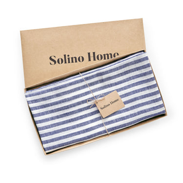 Navy & White | Solino Home Amalfi Stripe Navy & White Round Linen Tablecloth In Branded Packaging