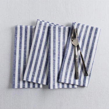 Navy & White | Amalfi Stripe Navy & White Linen Dinner Napkins Folded For Product Display