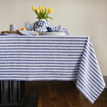 Navy & White | Amalfi Stripe Navy & White Linen Tablecloth Displayed Flat For Product View