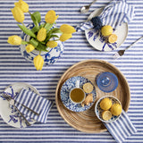 Navy & White | Amalfi Stripe Navy & White Tablecloth Elegant Dining Setup Featuring A Soft Linen Tablecloth