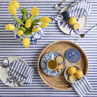 Navy & White | Amalfi Stripe Navy & White Tablecloth Elegant Dining Setup Featuring A Soft Linen Tablecloth