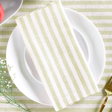 Sage & White | Amalfi Stripe Sage & White Linen Dinner Napkins Styled On An Elegant Dining Table