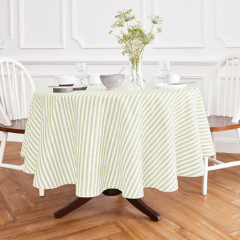 Sage & White | Amalfi Stripe Sage & White Round Linen Tablecloth Displayed Round Table  For Product View