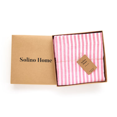 Pink & White | Solino Home Amalfi Stripe Pink & White Tablecloth Linen Tablecloth In Branded Packaging