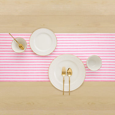 Pink & White | Solino Home Amalfi Stripe Pink & White Neutral Linen Table Runner With Farmhouse Table Decor
