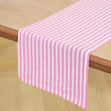 Pink & White | Solino Home Amalfi Stripe Pink & White Elegant Dining Setup With Textured Linen Table Runner
