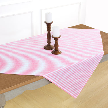 Pink & White | Amalfi Stripe Pink & White Linen Table Throw Displayed Flat Table For Product View
