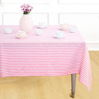Pink & White | Amalfi Stripe Pink & White Linen Tablecloth Displayed Flat For Product View