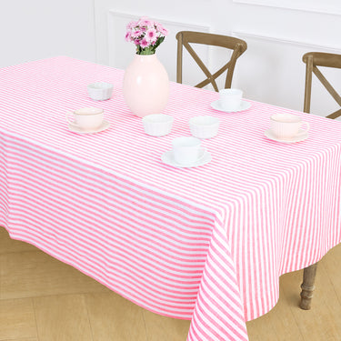 Pink & White | Amalfi Stripe Pink & White Tablecloth Textured Linen Tablecloth Styled With Dinnerware And Candles