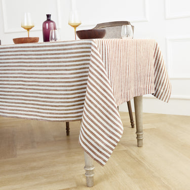 Brown & Cream | Amalfi Stripe Brown & Cream Tablecloth Neutral Linen Tablecloth With Farmhouse Table Décor