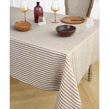 Brown & Cream | Amalfi Stripe Brown & Cream Tablecloth Elegant Dining Setup Featuring A Soft Linen Tablecloth