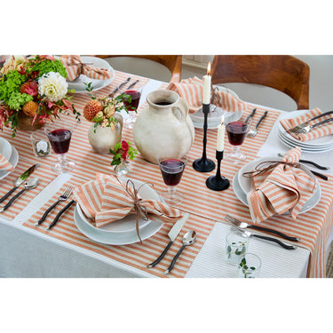 Pumpkin & Natural | Solino Home Amalfi Stripe Pumpkin & Natural Soft Woven Table Runner Layered With Dinnerware And Candles