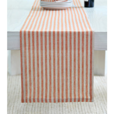 Pumpkin & Natural | Solino Home Amalfi Stripe Pumpkin & Natural Linen Table Runner Displayed Flat For Product View