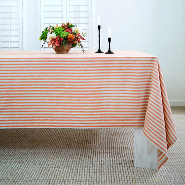 Pumpkin & Natural | Amalfi Stripe Pumpkin & Natural Linen Tablecloth Displayed Flat For Product View