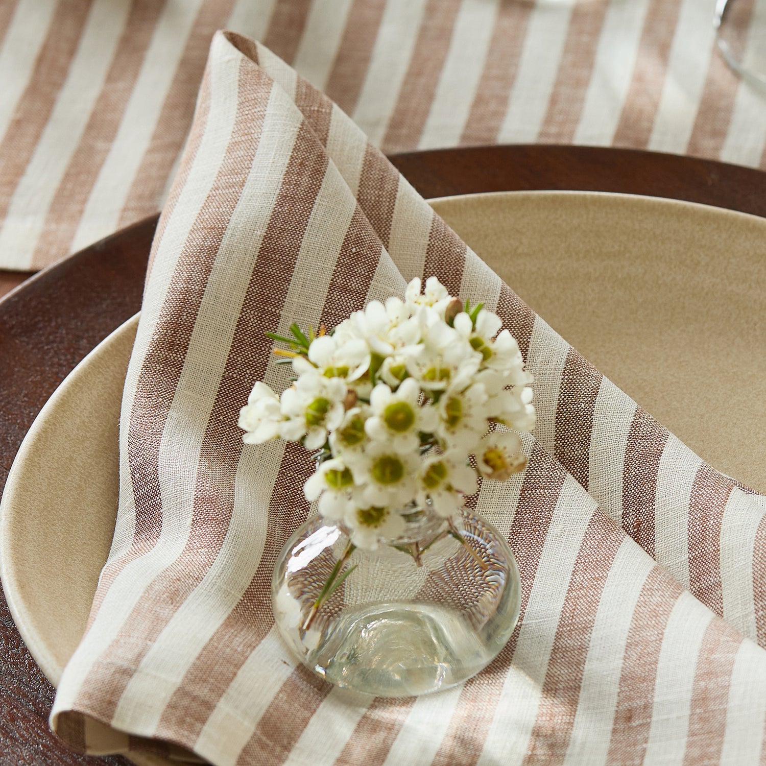 Amalfi Stripe Brown & Cream Linen Napkins Soft Linen Dinner Napkins With Modern Table Setting