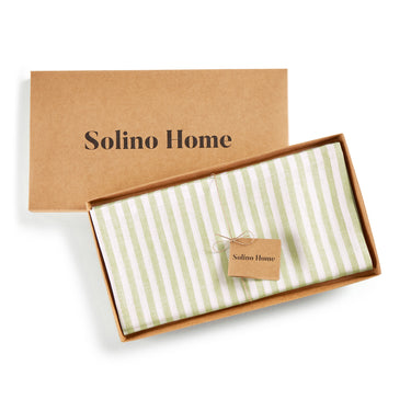 Sage & White | Amalfi Stripe Sage & White Linen Table Throw In Branded Packaging