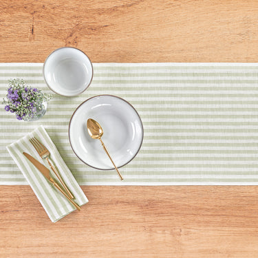 Sage & White | Amalfi Stripe Sage & White Linen Dinner Napkins Arranged For Dining Décor
