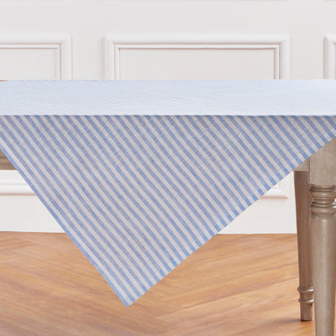 Sky Blue & White | Amalfi Stripe Sky Blue & White Linen Table Throw In Branded Packaging
