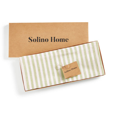 Sage & White | Solino Home Amalfi Stripe Sage & White Round Linen Tablecloth In Branded Packaging