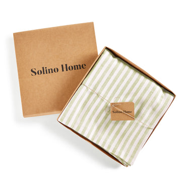 Sage & White | Solino Home Amalfi Stripe Sage & White Tablecloth Linen Tablecloth In Branded Packaging