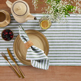 Green & White | Solino Home Amalfi Stripe Green & White Neutral Linen Table Runner With Farmhouse Table Decor