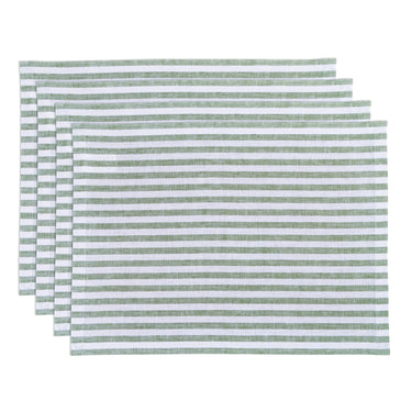 Green & White | Amalfi Stripe Green & White Linen Placemats Displayed Flat For Product View