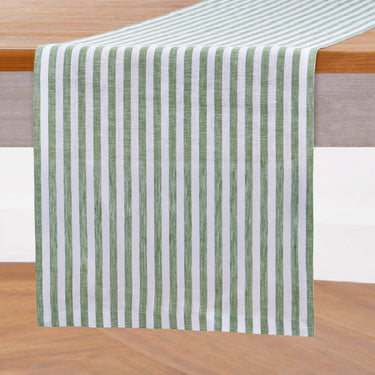 Green & White | Solino Home Amalfi Stripe Green & White Elegant Dining Setup With Textured Linen Table Runner
