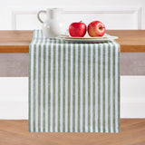 Green & White | Solino Home Amalfi Stripe Green & White Linen Table Runner Displayed Flat For Product View