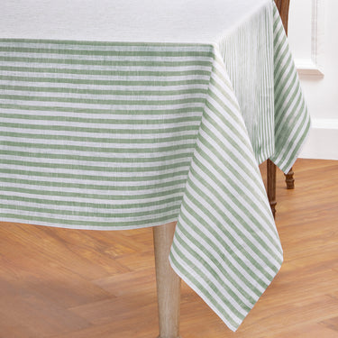 Green & White | Amalfi Stripe Green & White Tablecloth Neutral Linen Tablecloth With Farmhouse Table Décor