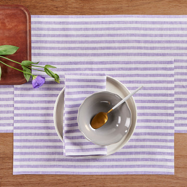 Violet & White | Amalfi Stripe Violet & White Linen Placemats Paired With Ceramic Dinnerware