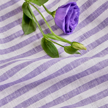Violet & White | Amalfi Stripe Violet & White Linen Placemats Paired With Ceramic Dinnerware