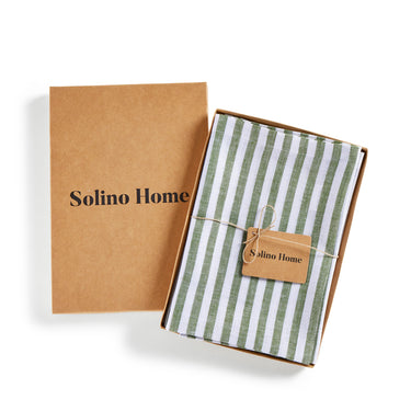 Green & White | Solino Home Amalfi Stripe Green & White Linen Dinner Napkin Set In Branded Packaging
